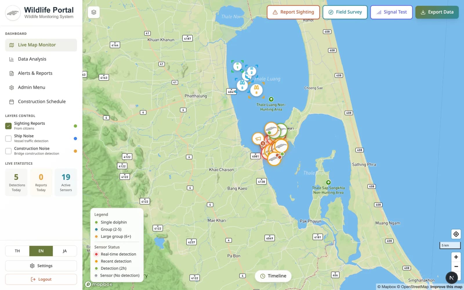 Live monitoring map: sightings, sensors and protected areas on one map